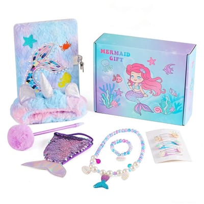 Dailygoods - Zeemeerminstaart pluche dagboek met slot, pluche geheim dagboek voor meisjes, notitieboekje, kinderset met haarbanden, haarspelden, portemonnees, armbanden, halskettingen, cadeaus voor meisjes