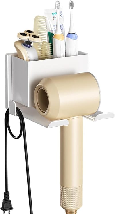 Wandmontage haardrogerhouder met opbergmand voor haarstyling, badkamer en salon organizer in wit