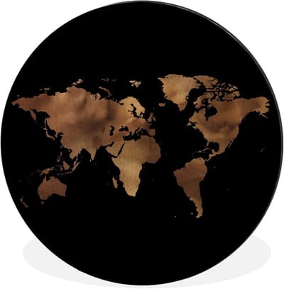 Wandcirkel Wereldkaart - Muurdecoratie Rond - Wand Versieren - Duurzaam Dibond Materiaal - 60x60 cm - Goud Zwart