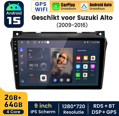 HexinexMarket Quad-Core autoradio Geschikt voor Suzuki Alto 2009-2016 - Draadloos CarPlay, Android Auto, GPS Navi, RDS, Android 15, multimediaspeler, 2GB+64GB