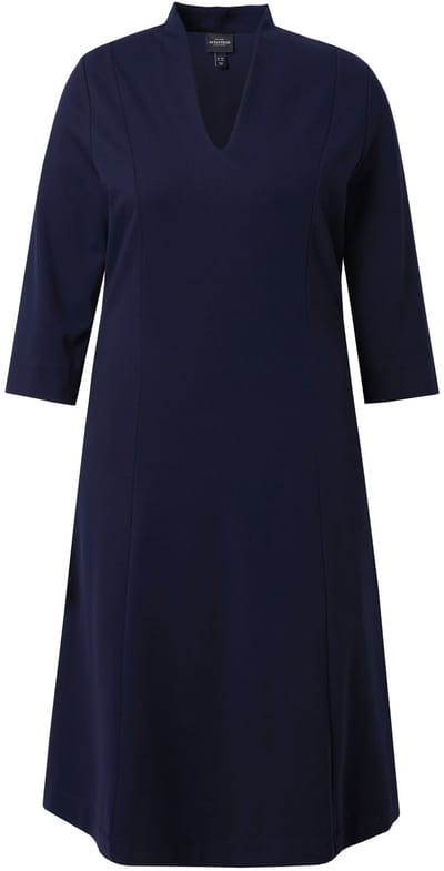 Ulla Popken - Dames - Punto midi-jurk gobletkraag V-hals 3/4-mouwen - Donkermarine - Maat 58+