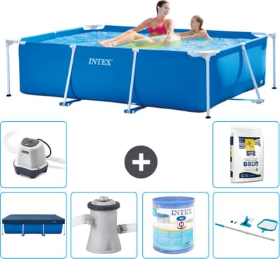 Intex Rechthoekig Frame Zwembad - 220 x 150 x 60 cm - Blauw - Inclusief Afdekzeil - Zwembadfilterpomp - Filter - Schoonmaakset - Zoutwatersysteem - Zwembadzout - 7-delig