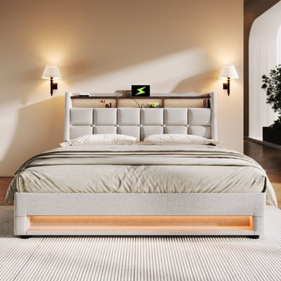 Wishdor – Vintage Opbergbed 180x200 cm – LED‑verlichting & USB – Hydraulische Opbergruimte – Katoen‑Linnen Beige – 300 kg