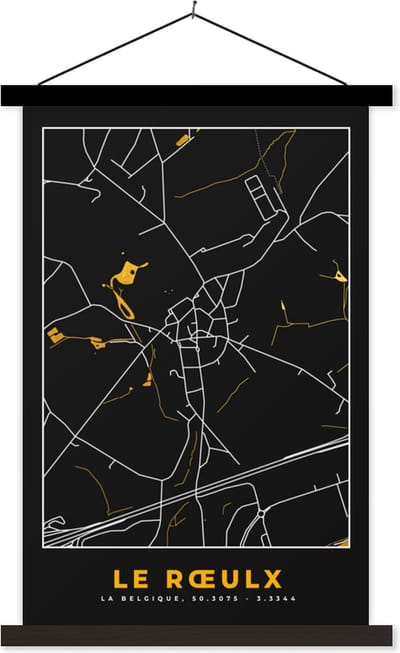 Posterhanger incl. Poster 40x60 cm - Schoolplaat - Le Rœulx - Stadskaart - Goud - Kaart - Plattegrond - Textielposter - Zwarte latten - Stadskaart