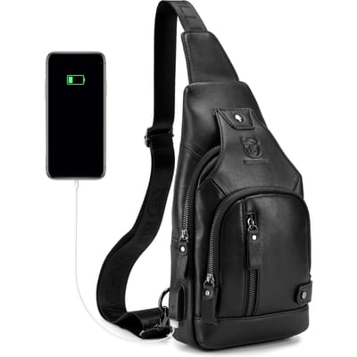 Leren draagzak voor heren, casual schoudertas, crossbodytas voor wandelen, reizen, dagrugzak met opladen via USB zwart