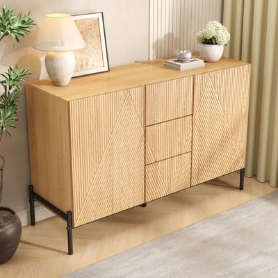 OKWISH Dressoir - Geometrische Deuren - 2 Deuren En 1 Lade - Opbergkast Voor Woonkamer Eetkamer Hal - MDF Naturel - 115,5x40x76 cm