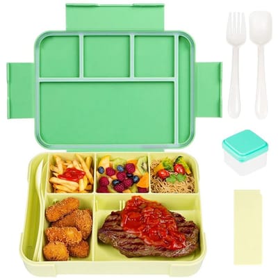 1330ml Afneembare Lunchbox Draagbare Fruit Salade Voedselcontainer met Bestek Kruidenbakje Magnetron Oven Volwassenen Bento Box green