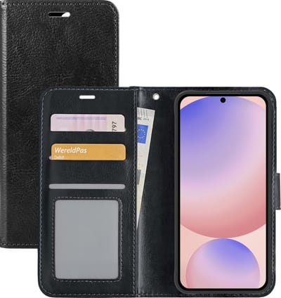 Hoesje - Met Pasjeshouder - Geschikt voor Samsung Galaxy S24 FE - Luxe Bookcase Portemonee - Flip Case - Kunstleer Book Case - Flipcase - Book Cover - Walletcase - Portemonneehoes - Zwart