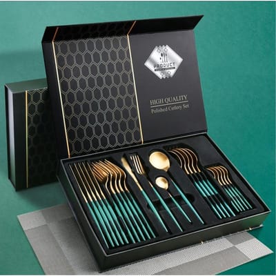 24-delige gouden serviesset, roestvrijstalen serviesset, mes, vork, lepel, luxe bestekset, keukenbestek, vaatwasserbestendig 24PCS