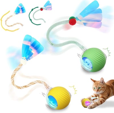 2-pack interactief kattenspeelgoed - 65×60mm - 350mm touwlengte - Geschikt voor katten en honden - 360° automatisch rollend achtervolgingsspel - Ontworpen voor binnenactiviteiten - Bestrijdt effectief verveling - Geel, Groen