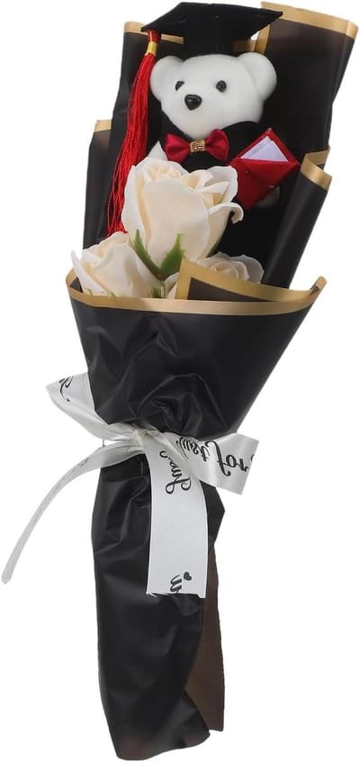 Afstudeerbeer Bloemboeket - Beer met Rozen - Afstudeercadeau Vieren - Tijdloos Arrangement - 37 cm Hoog - Zwart