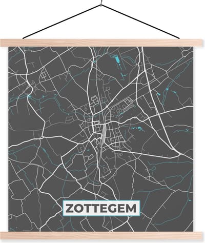 Posterhanger incl. Poster 40x40 cm - Schoolplaat - België – Zottegem – Stadskaart – Kaart – Blauw – Plattegrond - Textielposter - Blanke latten - Stadskaart