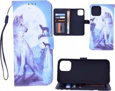 LuxeBass Boekhoesje met print geschikt voor Apple iPhone 12 Pro Max - Wolf gsm hoesje - telefoonhoes - telefoonhoesjes