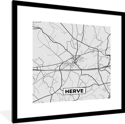 Fotolijst incl. Poster Zwart Wit- Zwart Wit – België – Plattegrond – Stadskaart – Kaart – Herve - 40x40 cm - Posterlijst