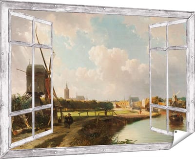 Gards Tuinposter Doorkijk Gezicht op Den Haag vanaf de Delftse Vaart in de Zeventiende Eeuw - Cornelis Springer - 180x120 cm - Tuindoek - Tuindecoratie - Wanddecoratie buiten - Tuinschilderij
