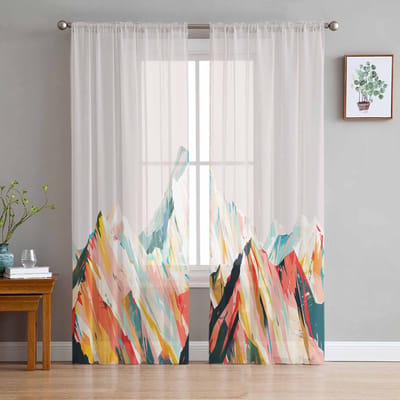 Abstract Olieverf Schilderij Berg Illustratie Raam Tule Gordijnen voor Woonkamer Slaapkamer Hotel Luxe Decoratie Transparante Gordijnen 135W x 114H(cm) white