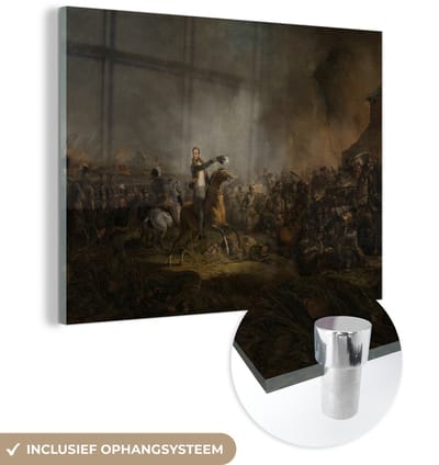 ® Glasschilderij 160x120 cm - Schilderij acrylglas - De prins van Oranje bij Quatre-Bras - Schilderij van Jan Willem Pieneman - Foto op glas - Muurdecoratie woonkamer - Wanddecoratie slaapkamer - Schilderijen
