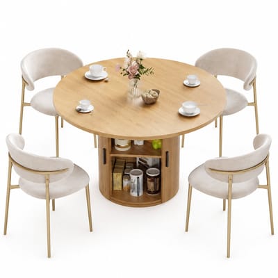 DIMICO - Ronde Eettafel 122 cm met Opbergruimte - Houten Diner Tafel voor 4 tot 6 Personen - Keukentafel Naturel met Schuifdeur