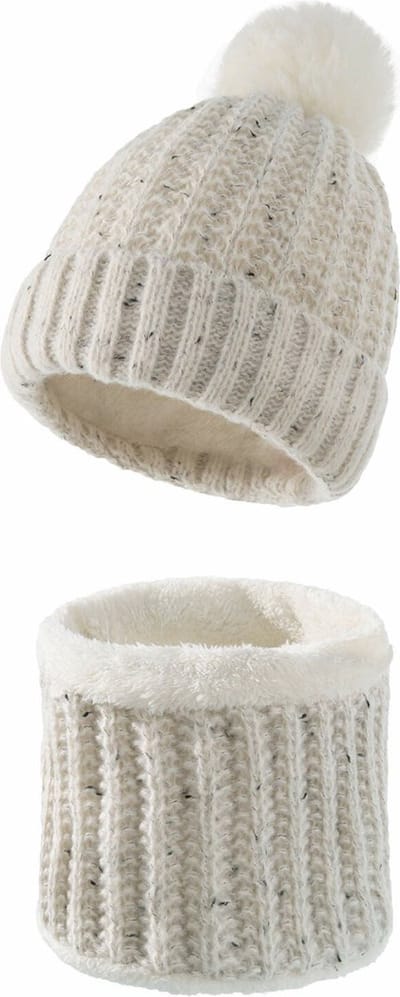 Dames Muts en Colsjaal Set – Warme Winterset met Zachte Fleece Binnenvoering – Crème Kleur – Comfortabele Gebreide Muts en Sjaal voor Fietsen, Wandelen en Buitenactiviteiten