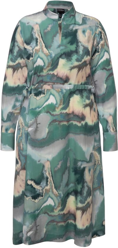 Ulla Popken - Dames - Lyocell midi-jurk marmerdesign opstaande kraag lange mouw - Matgroen - Maat 46+