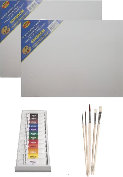 Schilders verf set van 12x tubes acrylverf/hobbyverf 12 ml + 2x doeken van 40 x 60 cm + 5x kwasten - basic kleuren in knijptubes