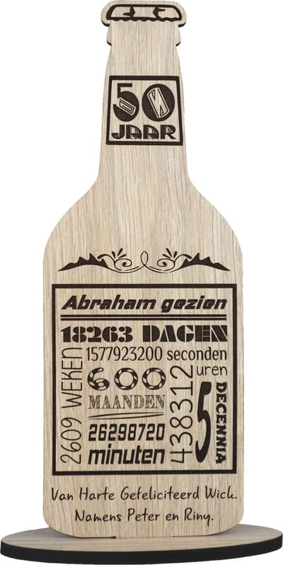 Bierfles abraham gezien - 50 jaar - houten wenskaart - kaart van hout 50ste verjaardaag - gepersonaliseerd - 10.5 x 29 cm