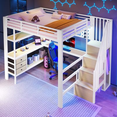 Hoogslaper 140x200cm - opslagvlak - lade - geperforeerd bord - bureau - stopcontact - LED-verlichting - zonder matras - wit