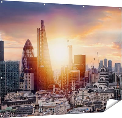 Gards Tuinposter Londen Stad bij Zonsopgang - 150x120 cm - Tuindoek - Tuindecoratie - Wanddecoratie buiten - Tuinschilderij