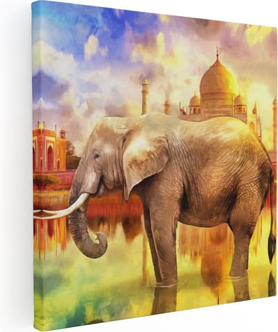Artaza Canvas Schilderij Olifant India - 30x30 cm - Klein - Wanddecoratie Dieren - Muurdecoratie Taj Mahal - Kamer Accessoires Woonkamer