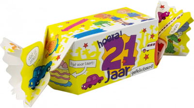 Snoeptoffee - 21 jaar - Gevuld met Drop - In cadeauverpakking met gekleurd lint
