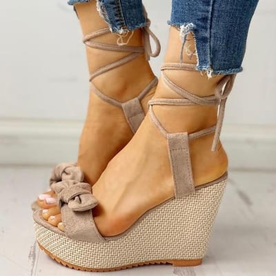 Zomer Enkelbandje Vrouwen Sandalen Platform Wiggen Hoge Hak Flock Vlinder Peep Toe Mode Vrouwelijke Dames Schoenen 35 beige