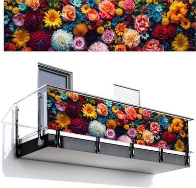 Balkonscherm 300x80 cm - Balkonposter Bloemen - Planten - Kleurrijk - Balkon scherm decoratie - Balkonschermen - Balkondoek zonnescherm