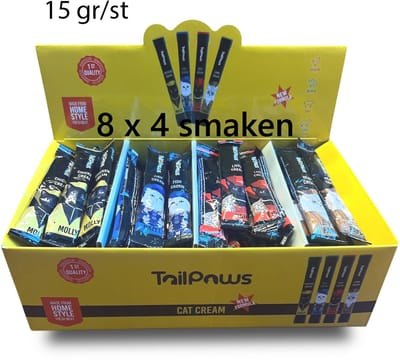 tailpaws Likbare snacks voor katten 4 smaken - 1ste kwaliteit:monoproteïne - Voordeelpack 32 Stuks - Kattensnack -32x 15 gr = 480 gr