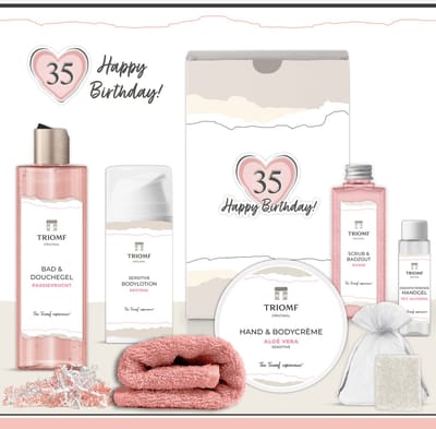 Geschenkset “35 Jaar, Happy Birthday!” - 7 producten - 850 gram | Luxe Cadeaubox voor haar - Wellness Pakket Vrouw - Giftset deluxe - Cadeaupakket Verjaardag - Verjaardagsfeestje Vijfendertig jaar - Gefeliciteerd Cadeau - Party Gift Set - Hartje Roze
