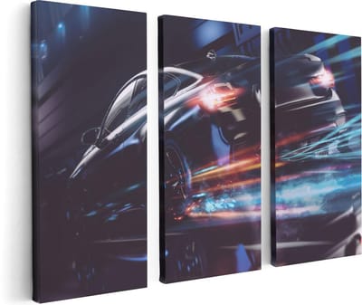 Artaza Canvas Schilderij Drieluik Zwarte Raceauto - Abstract - 120x80 cm - Wanddecoratie Woonkamer - Schilderijen - Muurdecoratie