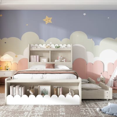 VVBV Kinderbed 90x200 cm met Lades, Planken - Lattenbodem, Voor Kinderen/Tieners - Hout Wit/Eiken - Zonder Matras
