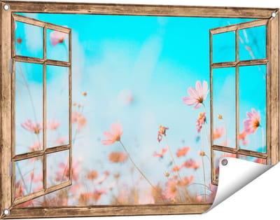 Gards Tuinposter Doorkijk Paarse Kosmos Bloemen - 90x60 cm - Tuindoek - Tuindecoratie - Wanddecoratie buiten - Tuinschilderij