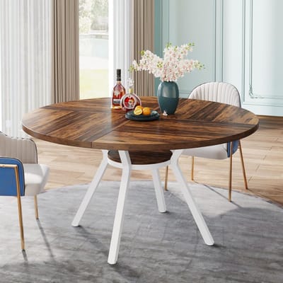 Tribesigns Ronde Eettafel - Keukentafel met Opbergvak - 120 X 120 X 75 cm - Eetkamertafel Voor 4 Personen - met Metalen Onderstel - Industrieel Design - Rustiek Brown