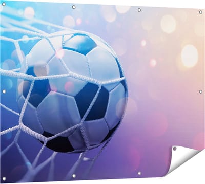 Gards Tuinposter Voetbal Bal Door het Goal Heen - 120x90 cm - Tuindoek - Tuindecoratie - Wanddecoratie buiten - Tuinschilderij
