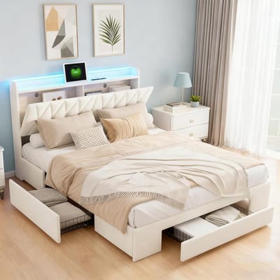Tweepersoonsbed 160x200 cm Gestoffeerd met LED Lattenbodem, 3 Opbergladen en USB Laadfunctie