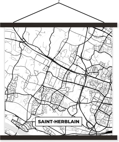 Posterhanger incl. Poster 60x60 cm - Schoolplaat - Stadskaart - Frankrijk - Kaart - Saint-Herblain - Plattegrond - Zwart wit - Textielposter - Zwarte latten - Stadskaart