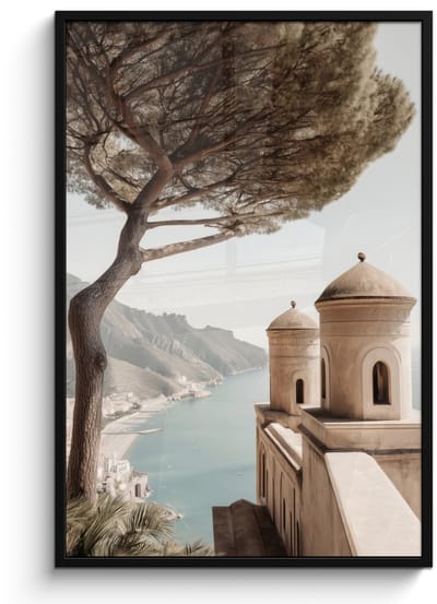 Poster in lijst - Fotolijst 80x120 cm - Posters - Kust - Klif - Boom - Gebouw - Posterlijst zwart - Decoratie - Wanddecoratie woonkamer - Muurdecoratie slaapkamer