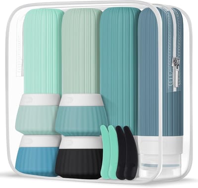 Reisflessen Set van 4 x 90 ml en 4 x 40 ml, Herbruikbare Toilettas met Lege Stickers, Perfect voor Shampoo, Lotion en Cosmetica
