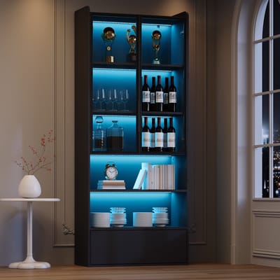 Vitrine 80×34×180 cm, hoge kast met 1 lade en glazen deuren, vitrinekast met LED en open vakken, staande opbergkast, woonkamerkast met glazen deuren – Zwart