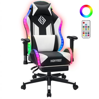 HOFFREE LED Gaming Stoel voor Kinderen 8-15 Jaar – Verstelbare Gamer Stoel met LED Verlichting, Voetsteun & Lendensteun, Ergonomische PC Stoel – Wit
