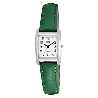 Q&Q-dameshorloge-model q44c-005-rechthoekig 28 x 20 mm-groen lederen band-3 atm waterdicht-duidelijke wijzerplaat