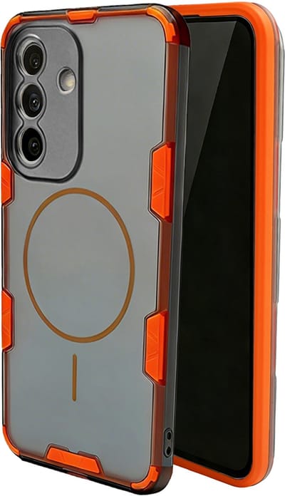 Casemania Hoesje Geschikt voor Samsung Galaxy A57 - Oranje - Frosted Flex Armor Magnetische Back Cover Geschikt voor MagSafe - Shockbestendig Telefoonhoesje - Volledige Camera Bescherming