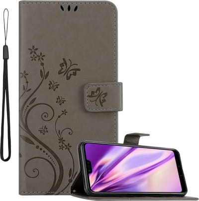 Cadorabo Hoesje geschikt voor Honor 10 in BLOEMEN GRIJS - Beschermhoes in bloemmotief met magnetische sluiting, standfunctie en kaartsleuven Book Case Cover Etui
