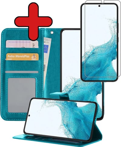 Hoesje - Met Screenprotector - Geschikt voor Samsung Galaxy S22 - Luxe Pasjeshouder - Flipcase - Bookcase Portemonee - Flip Case - Kunstleer Book Case - Book Cover - Walletcase - Portemonneehoes - Telefoonhoes - Turquoise