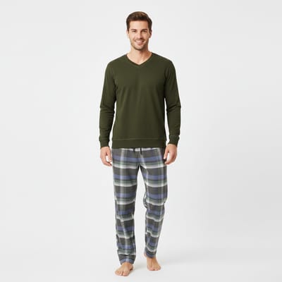 La V pyjamaset voor heren met geruite flanel broek met V hals top Groen S